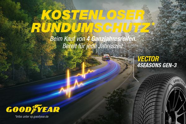 Hinweis auf eine Goodyear Aktion: "Kostenloser Rundumschutz beim Kauf 4 Ganzjahresreifen." 
